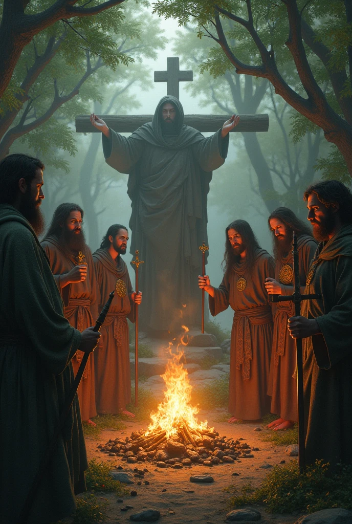 Representation of a pagan ritual being interrupted by Christian figures, with expressions of conflict and tension between the two cultures.