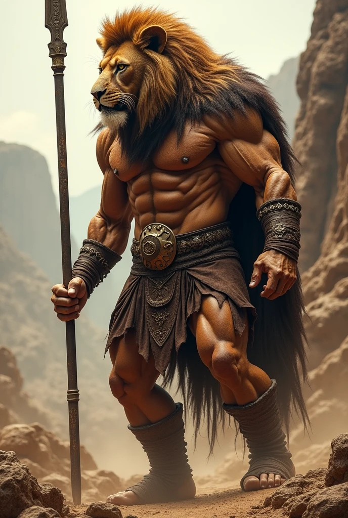 Create for me a lion with the body of a very muscular man with a spear in his hand, looking like a warrior., as if you were running ready for battle in one of those Spartan war scenarios I ask that you do it with great wealth of detail and realistic as if it were a movie