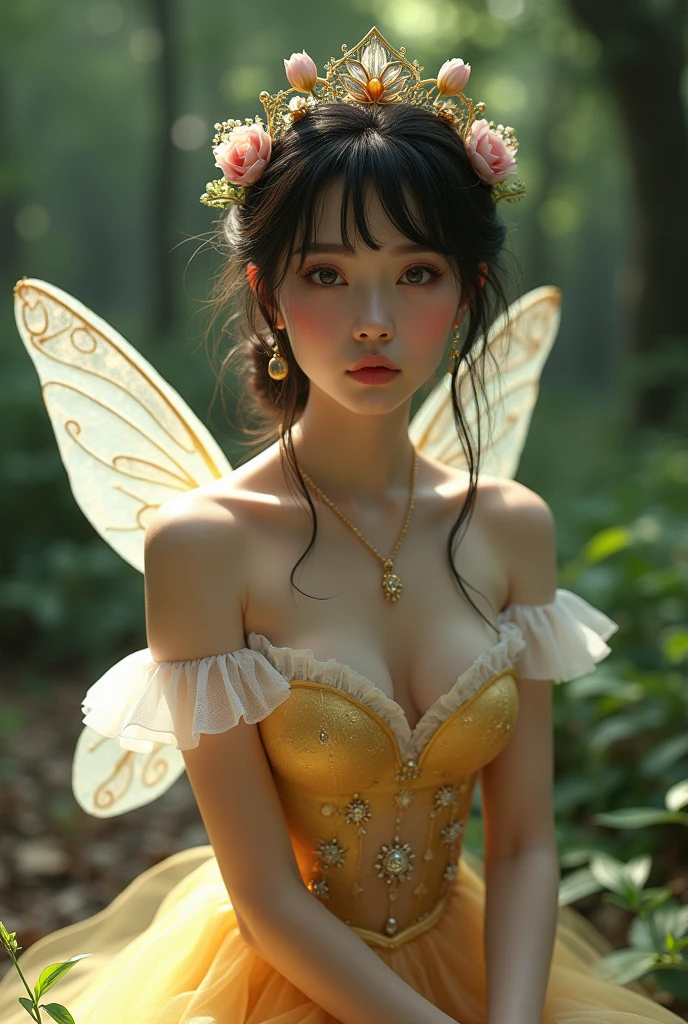 (masterpiece,best quality:1.4),(8k,raw photo,photo realistic:1.2),shiny skin,detailed skin,detailed face,detailed eyes,Detailed hands,Detailed Background、1girl,Japanese idol,(beautiful face),(Shining Eyes:1.1),、Ultimate Idol、Symmetrical eyes、、Great background、Great location、((Japanese,Tinker Bell costumes))、(Detailed and very cute,),Full body portrait,Shining,Mysterious Forest,Fairy,Sitting Woman,nswf,sexy Instagram style