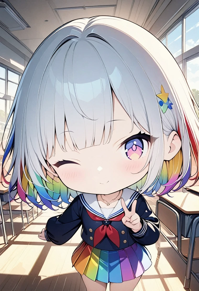 (((anime))) A woman winking peace sign,chibi,Short Hair,Messy short bob,(Rainbow Hair),Oblique bangs,One eye is hidden,Blushing,necklace,Rainbow Eyes,Big eyes Sailor suit,Volume sleeve,classroom,sunlight,masterpiece,Highest quality,Exquisite,8k,Absurd,Ultra-fine illustrations,(View your audience)