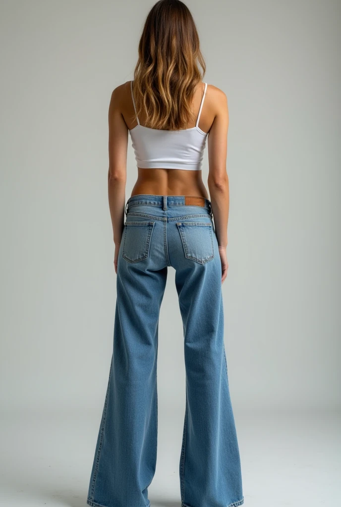 Woman with a very long male member, dressed in a white tank top and tight blue jeans