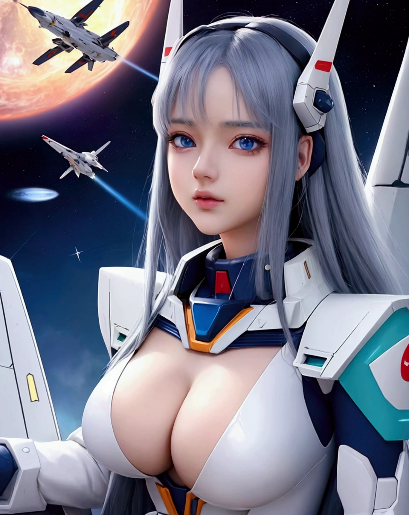 very big tits ((masterpiece, The best quality)), illustration, 8K ultra detailed, realist, clear focus, Very detailed, Professional lighting, Colorful details, a close up of a woman sitting in a cockpit of a plane, gainax anime style, ferra white mecha, portrait anime space cadet girl, style of macross, on a gundam, modern sci-fi anime, anime girl of the future, sci-fi anime, sci - fi pilot, sil from species, sci fi anime, gainax