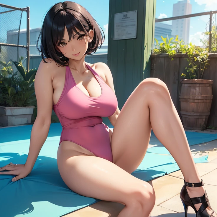 (Masterpiece), (High Resolution), (Best Quality), (Anatomically Correct), (High Details), (HD), (High Quality), (character solo, alone), (fantasy), (anime style)
{{1character:50 years old black haired wearing a highleg pink one-piece swimsuit:(medium shoulder length black hair bob cut, pale skin,brown eyes, sharp nose, black thick eyebrows, very thin lips, nice feminine body, beautiful body, beautiful hips, big autiful legs, beautiful arms, delicated features, big rounded butt, beauty, fity, sweet demeanor, motherly personality),((she wars a: full pink pink highleg onepiece-pink-swimsuit, clevage, and black heeled shoes)),((sweet expression and sweet smile),(sexy sit pose, sitt over the floor, legs open),(standing patient and calm)),((stadium backyard), (sunny day),(light-blue sky),(simple background),(yellow backyard's walls),(spring season),(very few people there)}}