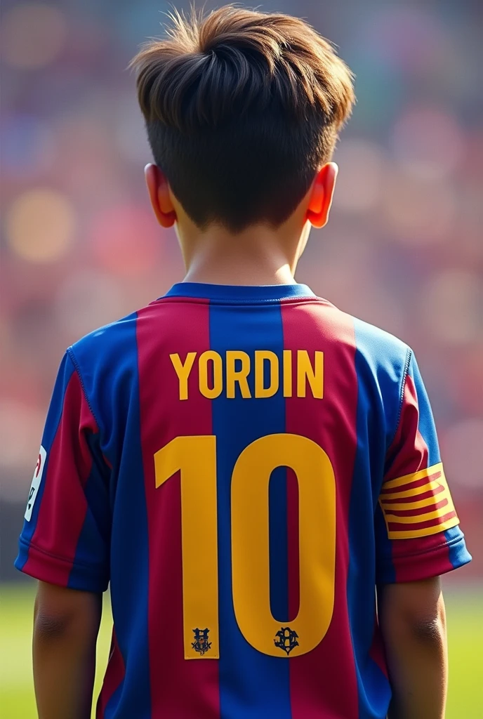 Boy wearing a Barça shirt with the name Yordin and number 10
