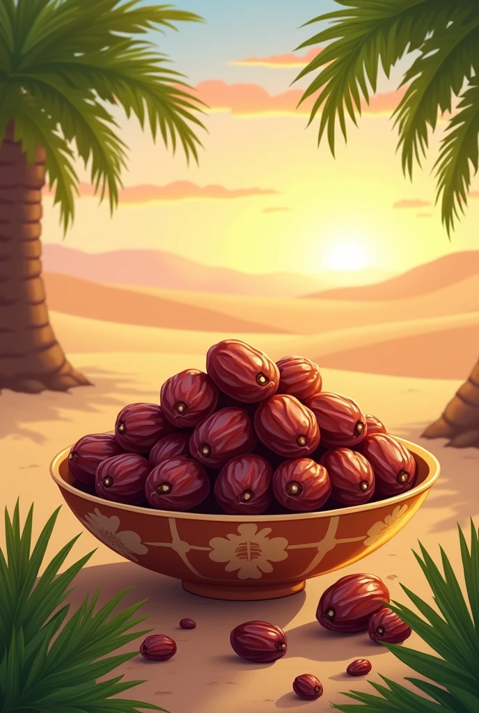 "A beautifully illustrated cartoon-style scene featuring an elegant arrangement of dates (khajoor) in a traditional bowl. The dates are rich in color, glossy, and plump, surrounded by green palm leaves. The scene has a serene, peaceful background of a sunset desert landscape with soft sand dunes and a clear sky. The scene exudes warmth, prosperity, and divine blessing without any text or inscriptions."