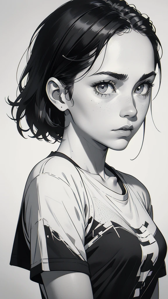 1 boyish girl, solo, sharp eyes, expressionless, monochrome, greyscale, short black hair, portrait, white T-shirt, closed mouth, looking at viewer, graphite \(medium\), detailed lips, hatching \(texture\), without makeup, bangs, upper body, (best illustration), (best quality), (very detailed), (masterpiece), expressionless,