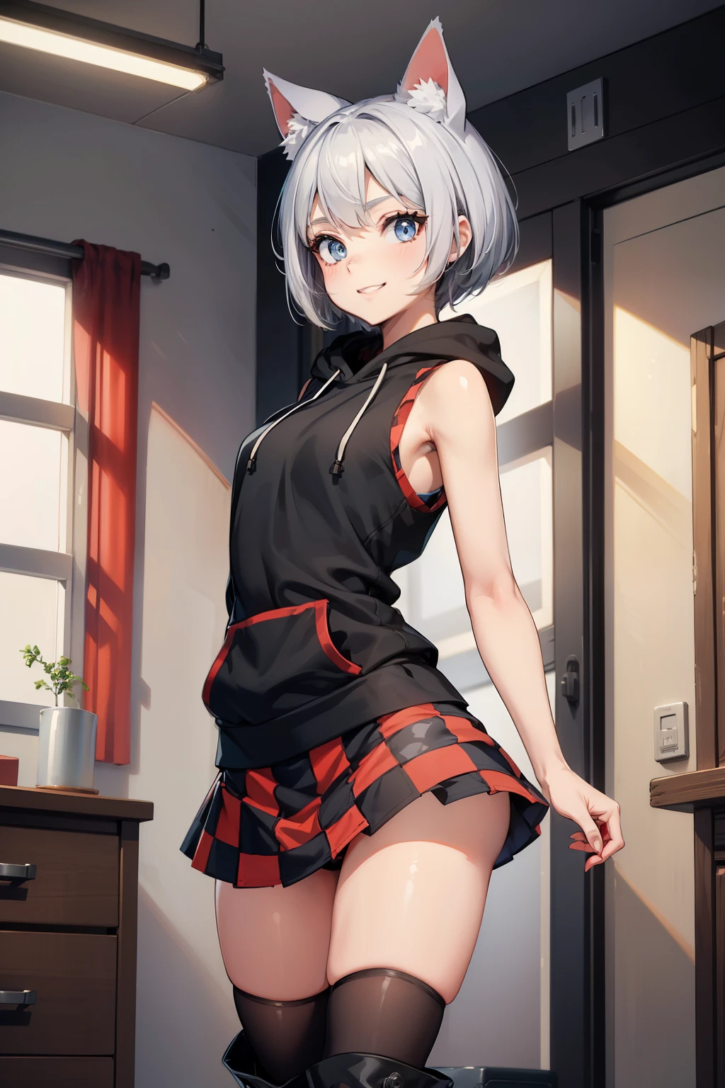 (masterpiece), (best quality), (High quality), high resolution, BREAK expressive eyes, perfect face, 1girl, grey cat ears: 1.5, medium hair, grey hair, pixie cut, BREAK, (big eyes, perfect eyes, blue eyes, thick eyelashes, thin eyebrow, BREAK short height, slim bulid, happy smile, medium breasts, BREAK (long black hoodie: 1.4, loose fit, sleeveless, bare arms), (black and red checkered mini skirt: 1.4), black stockings, black boots BREAK standing, back to the viewer, contrapposto, full body, view from the front, (changing room),
