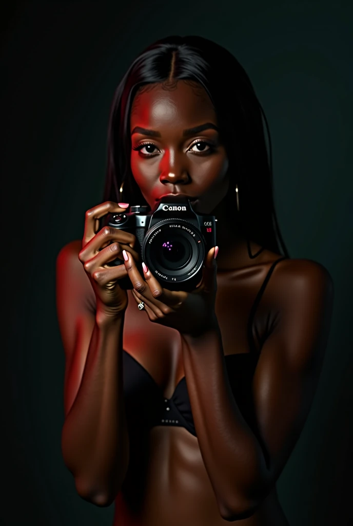 detailed beautiful young woman, dark ebony skin, stunning, realistic, photographing herself with a high-quality DSLR camera, product photography, sensual, semi-nude, studio lighting, 8k, photorealistic, hyperdetailed, cinematic composition, dramatic lighting, vivid colors, flawless skin, elegant pose, graceful movement, captivating expression, portrait, chiaroscuro, dramatic shadows
Estudio de fotografía fotografía de producto