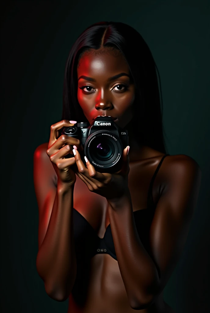 a photorealistic portrait of a beautiful ebony-skinned woman, naked, with a concentrated and passionate expression, holding a camera firmly as she focuses on an elegant crystal perfume bottle in a professional photography studio, soft and diffused lighting, minimalist background, sophisticated perfume bottle design with balanced reflections and shadows, the woman wearing tasteful jewelry, 8k quality, vivid colors, high level of detail, professional studio lighting, physically-based rendering