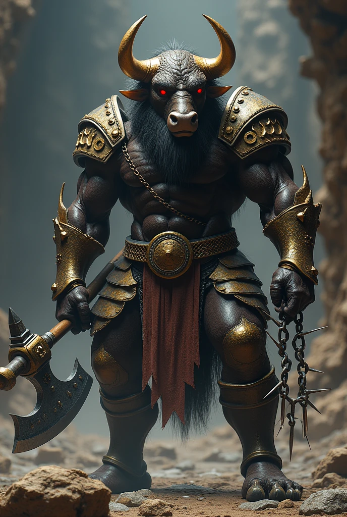 A minotaur with golden horns and red eyes wearing chain mail and holding a labrys axe in one hand and a chain of spikes in the other