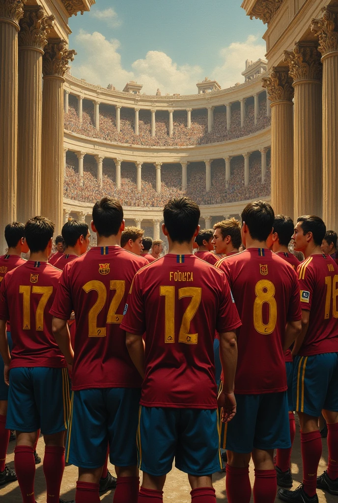 Please create a Renaissance style picture of Barcelona’s 2008/09 treble (UEFA Champions League, La Liga and Copa del Rey) with ancient Greek setting. Use techniques such as chiaroscuro and warm color palette.