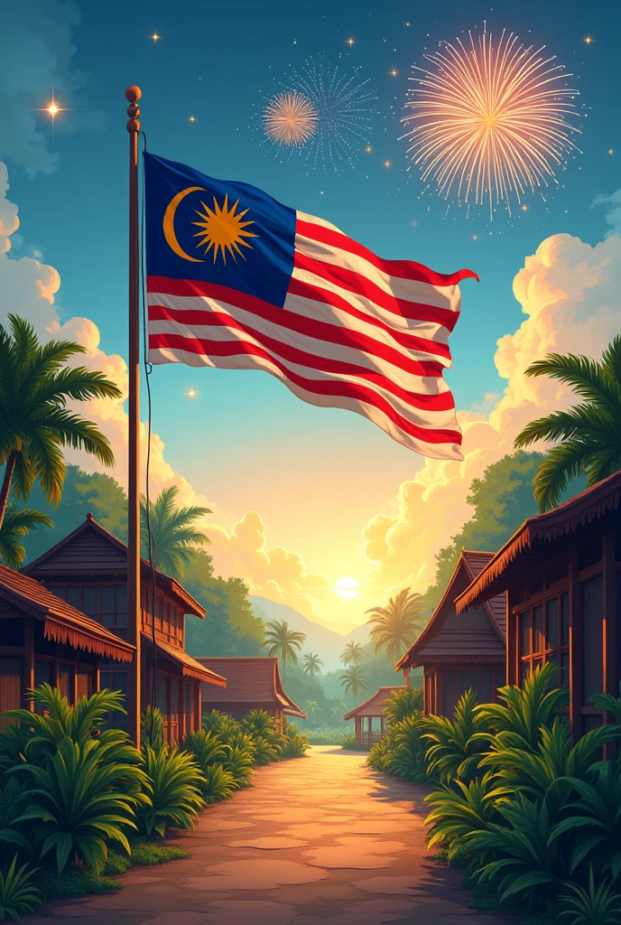 Independence theme poster "Malaysia civilizes the soul of independence,village atmosphere,flag of the glorious path, fireworks,the color of the Malaysian flag,proud to be malaysian