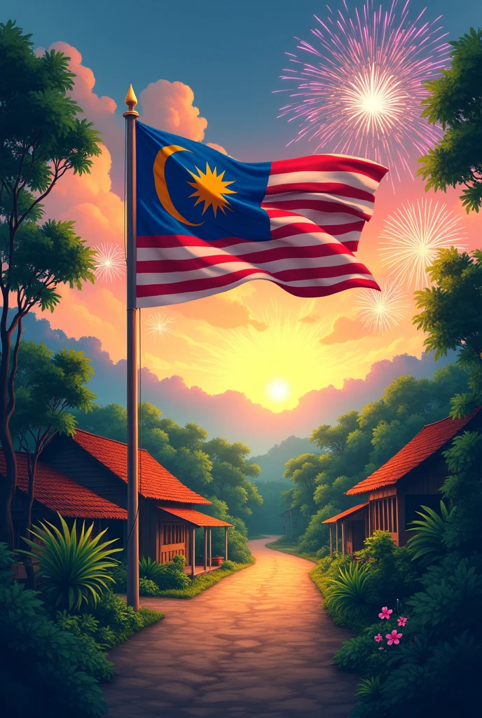 Independence theme poster "Malaysia civilizes the soul of independence,village atmosphere,flag of the glorious path, fireworks,the color of the Malaysian flag,proud to be malaysian