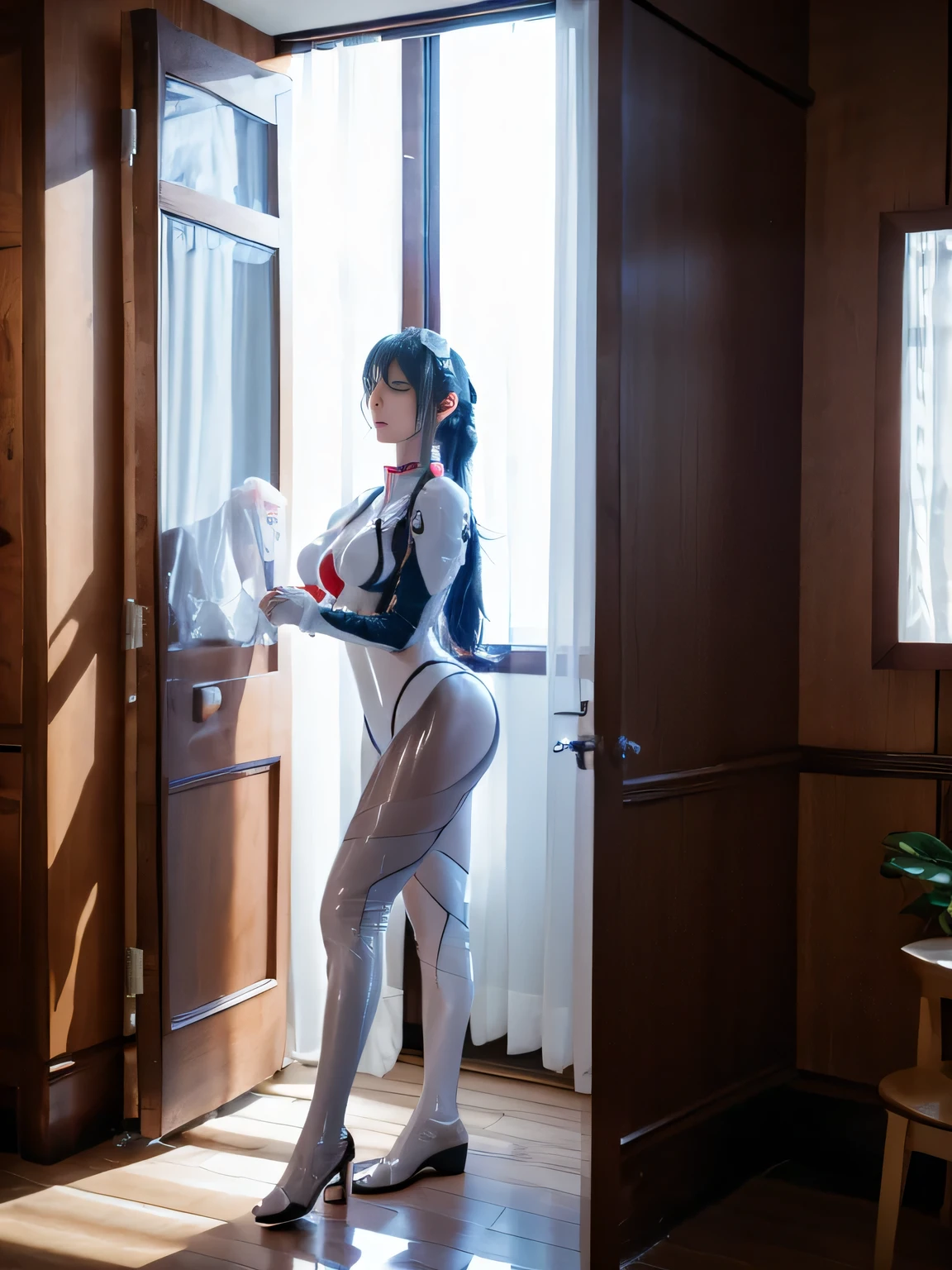 Head-to-toe portrait、Hotel room、alone、Middle-aged woman in her 40s、Sex workers、Nasolabial folds、There are wrinkles on the cheeks、Nipple erection、Black hair in a ponytail、Evangelion plug suit cosplay、Big Breasts、Plump body、Displeased face、Are standing、Open the door and welcome the guests、Full body photo、