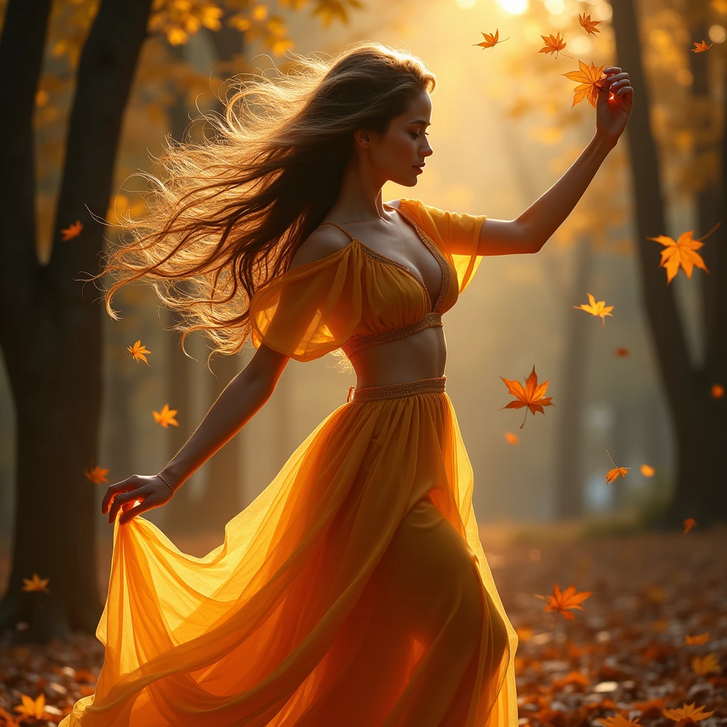 portrait character the body is made of air, air skin, air element Creature, dance with wind and autumn leaves, beautiful, proud, high detail, masterpiece, long hair, With trees in the background, skin emits light, eyes emits light, athletic body, erotic outfit, lots of wind in her hair, in the trees and in the whole scene