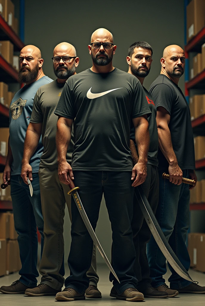 Four white men and one mulatto looking at the camera holding bladed weapons described below for each one ,being 1 bald bearded man with a pocket knife, second one with glasses beard and nike shirt with samurai mask and katana this, third a tall bald white man without a beard with a viking body with a guts sword ,the fourth a chubby bearded guy with a fishbone, fifth with strong nudreds hair and with sword, in the background of the image shelves and stock boxes