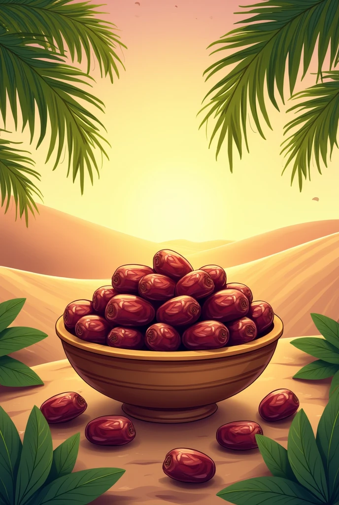 "A beautifully illustrated cartoon-style scene featuring an elegant arrangement of dates (khajoor) in a traditional bowl. The dates are rich in color, glossy, and plump, surrounded by green palm leaves. The scene has a serene, peaceful background of a sunset desert landscape with soft sand dunes and a clear sky. The scene exudes warmth, prosperity, and divine blessing without any text or inscriptions."