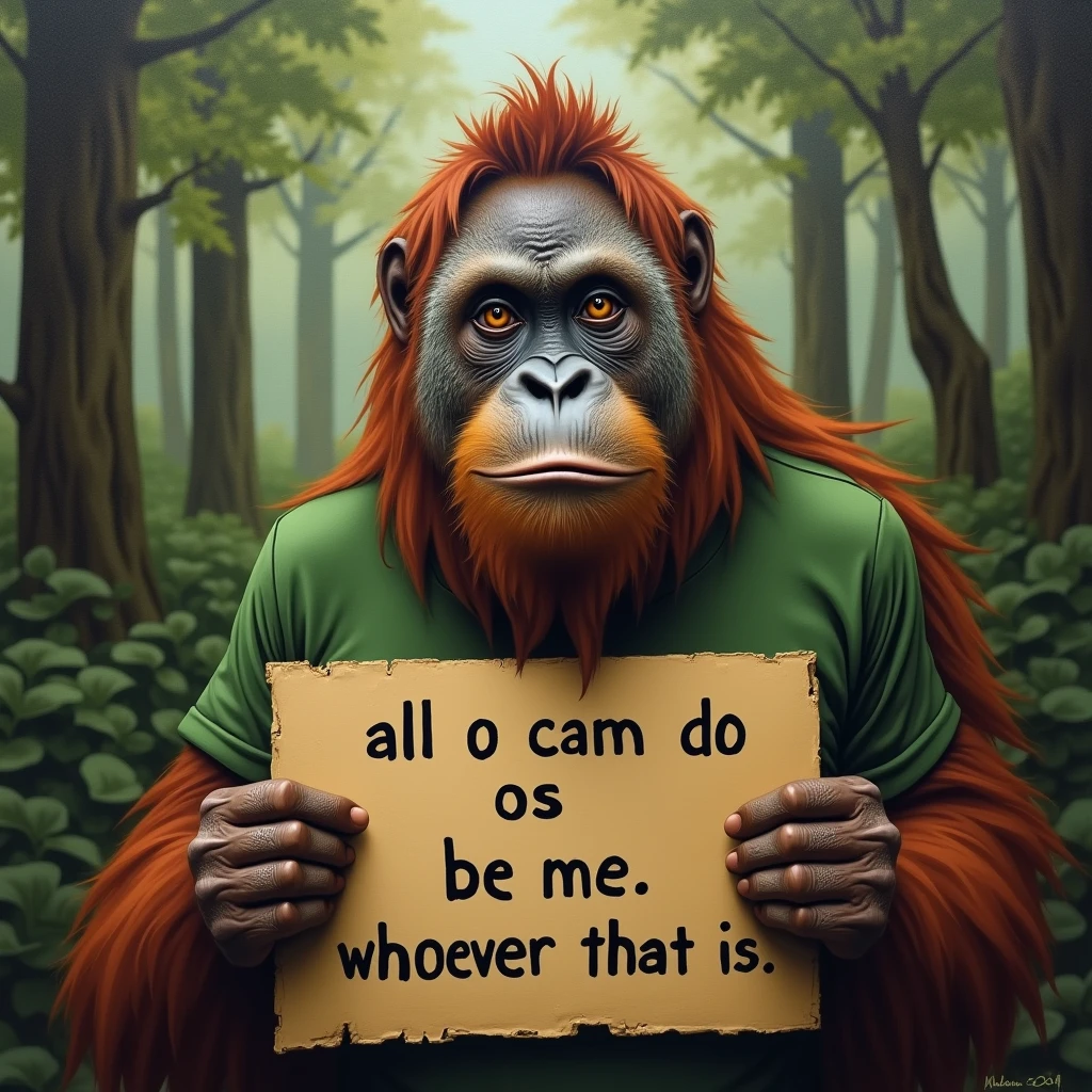 A portrait painting of an orangutan holding a cardboard sign that reads: "all o cam do os be me. Whoever that is". The orangutan has a serious expression and is wearing a green shirt. The background is a lush forest with tall trees.