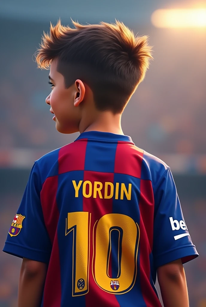 Boy wearing a Barça shirt with the name Yordin and number 10