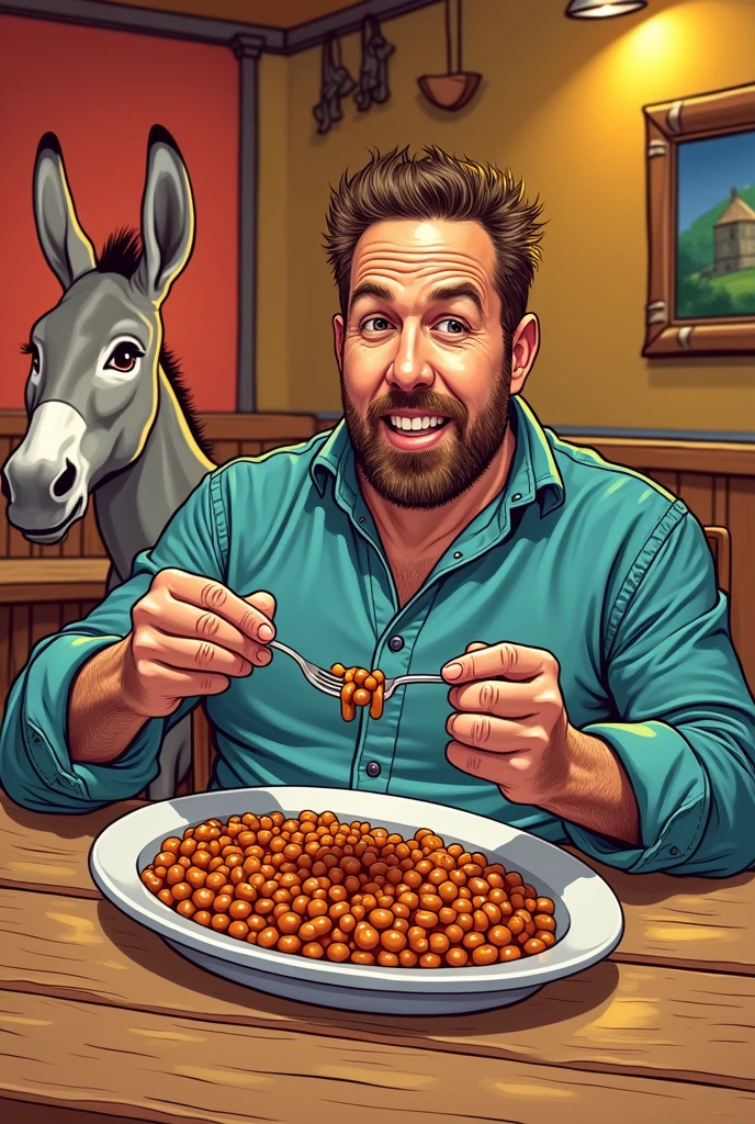 A comic drawing  of a man sitting on a mexican restaurant table with a beans plate in front of  him. Next to the table a very nice donkey.