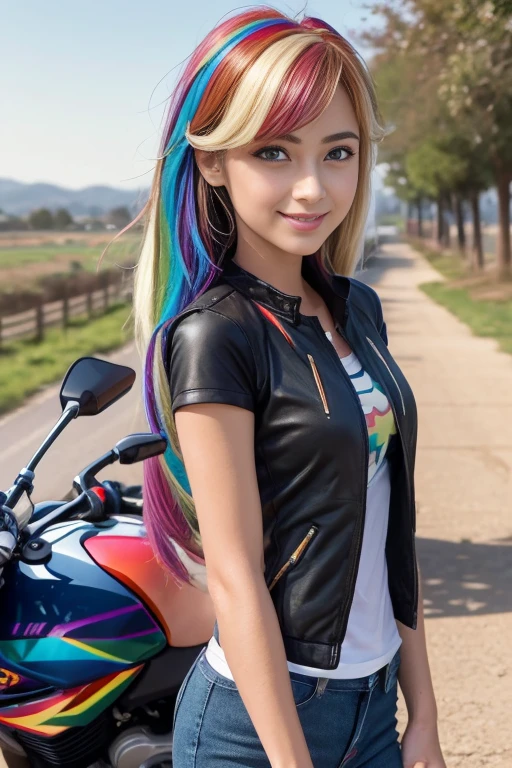 (The best quality, 4k, 8k, High Resolutions, masterpiece:1.2), ultra detailed, detailed face, Detailed lips and eyes..........., cute makeup , attractive appearance, expressive face, realist,
BREAK   ,Beautiful Caucasian woman with shoulder length messy wavy pink hair, , beautiful athletic teen girl ,teenager with athletic body , Big pink eyes, clear skin, slim and athletic, hair that covers one eye,
BREAK  (dynamic pose),  medium breasts , exprecion happy , Soft sunlight illuminating the scene, Subtle movement of the wind in the hair, happy expression, gloomy atmosphere, kindly, Natural lighting that emphasizes your features..........., Subtle shadows that add depth and dimension to the image....... , beautiful girl  , mlp Rainbow dash , rainbow colored hair , rainbow colored hair , usa motorcycle clothing , motorcycle , small black jacket , wear a blue shirt , blue jeans , long boots with heel  , posa arriba de motorcycle , Sunset , forest ,  Whole body ,mlp , Rainbow dash ,  Whole body , motorcycle clothing , moto , park , wear makeup , blue eye shadow , foto de Whole body , Nice smile , happy , happy