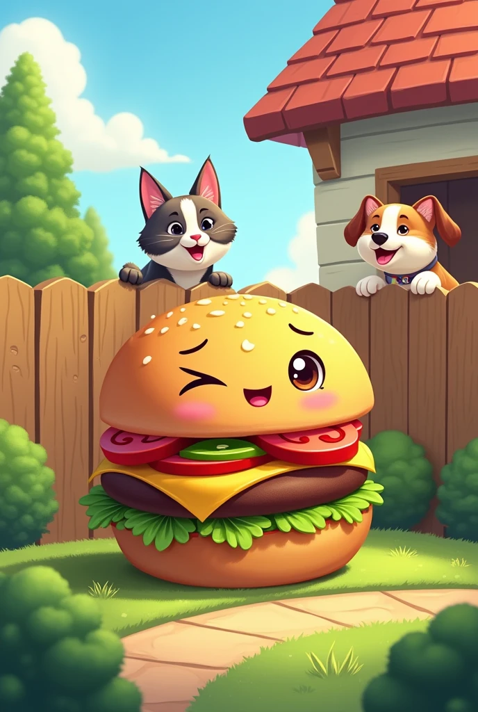 burger making a wink, and with a cat and a dog next door 

