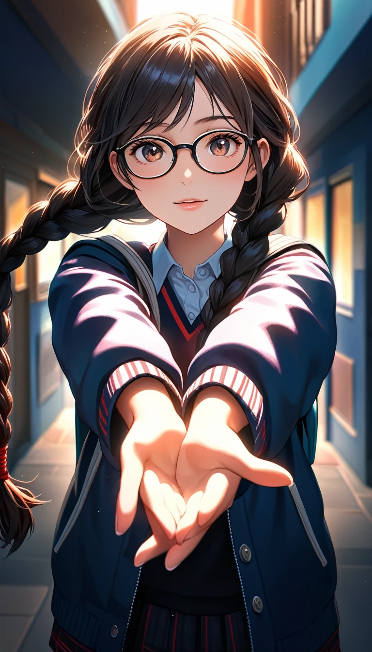 high resolution.Super detailed.Sharp focus.Crisp quality.Bright colors.Rich contrast.Realistic.Cinematic lighting.HDR.Detailed Texture.Realistic.High resolution.Enhanced Details.A female student leaving school is reaching toward us to hold our hands. Glasses. Long braids.