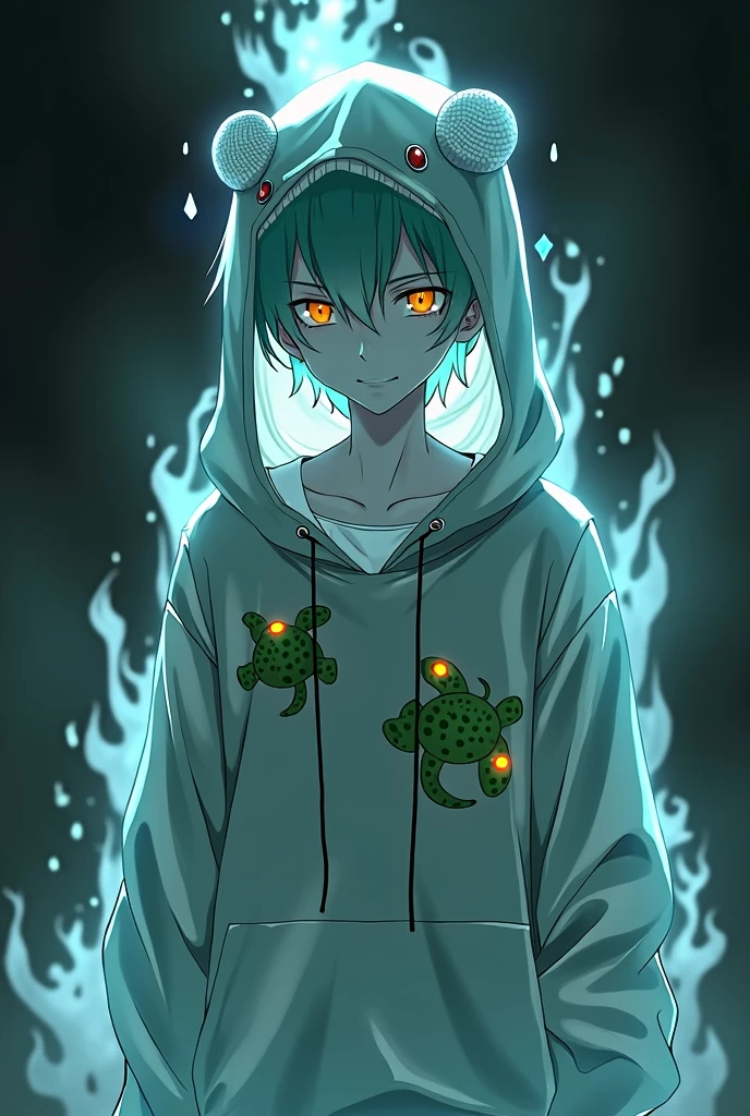 Male anime ghost character with frog hoodie