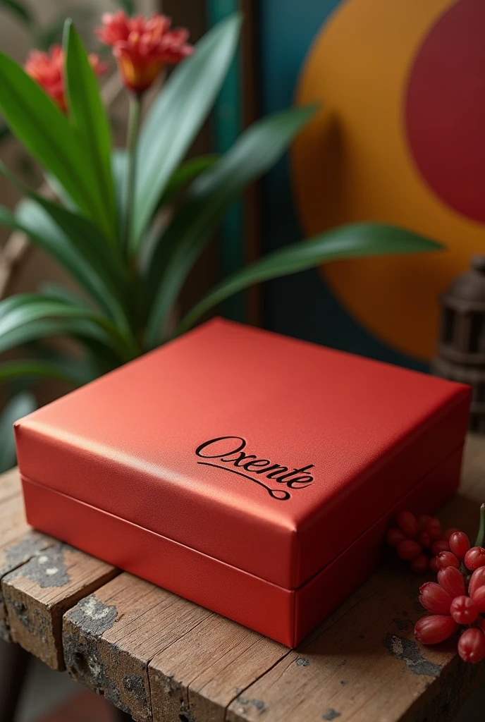 silk box with the name OXENTE in the corner with a background from Pernambuco