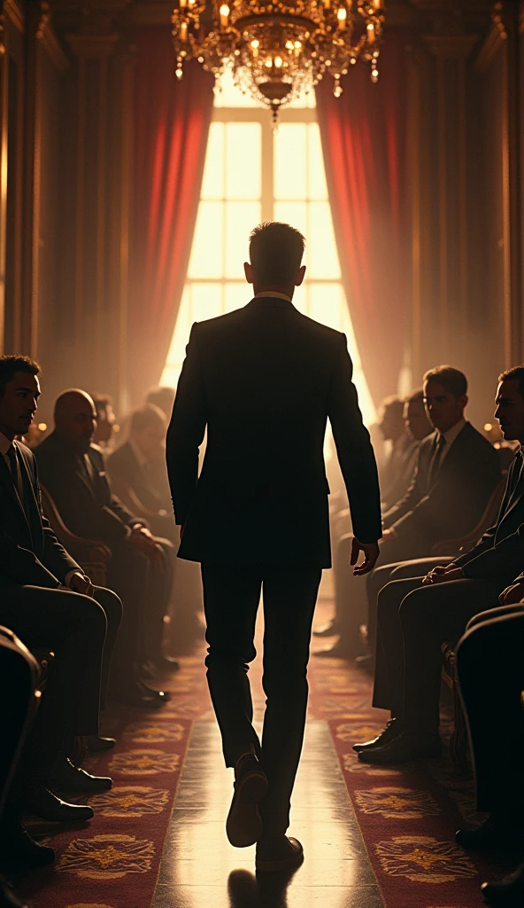 Image of a the back side of a person walking into a room and heads turning to him as he enters. Make it vibrant and hyper realistic.