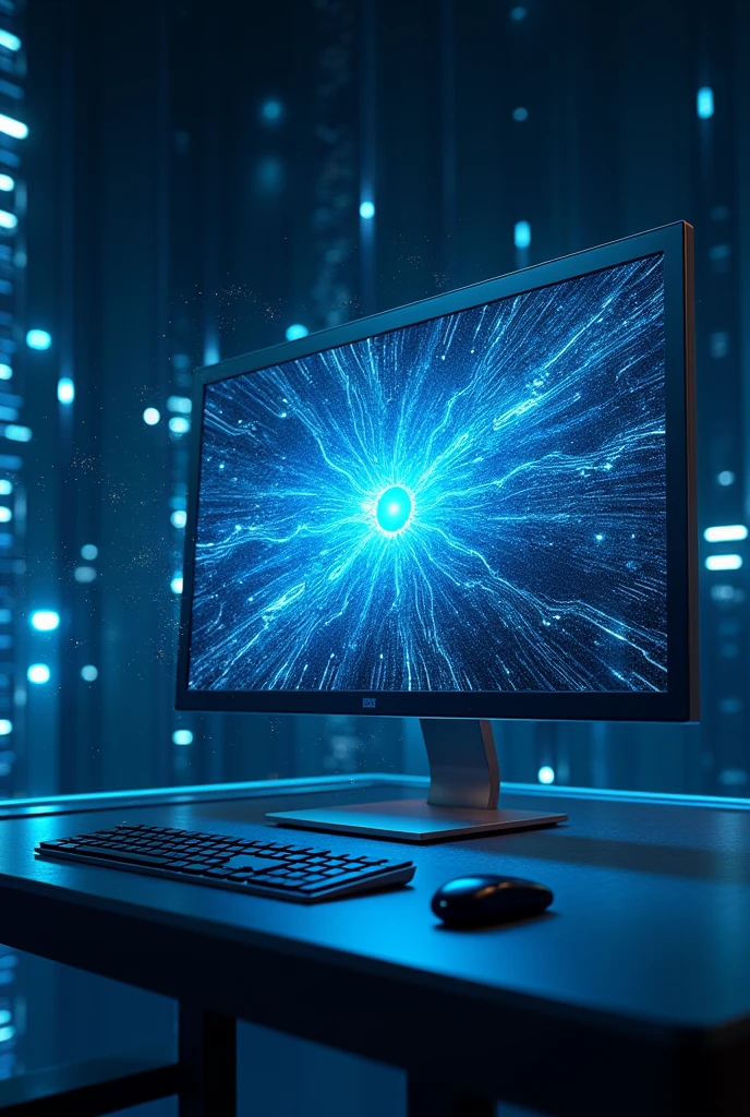 a computer monitor emitting digital information, blue and black background, blue energy beams, digital art, cinematic lighting, futuristic, 8k, ultra-detailed, photorealistic
