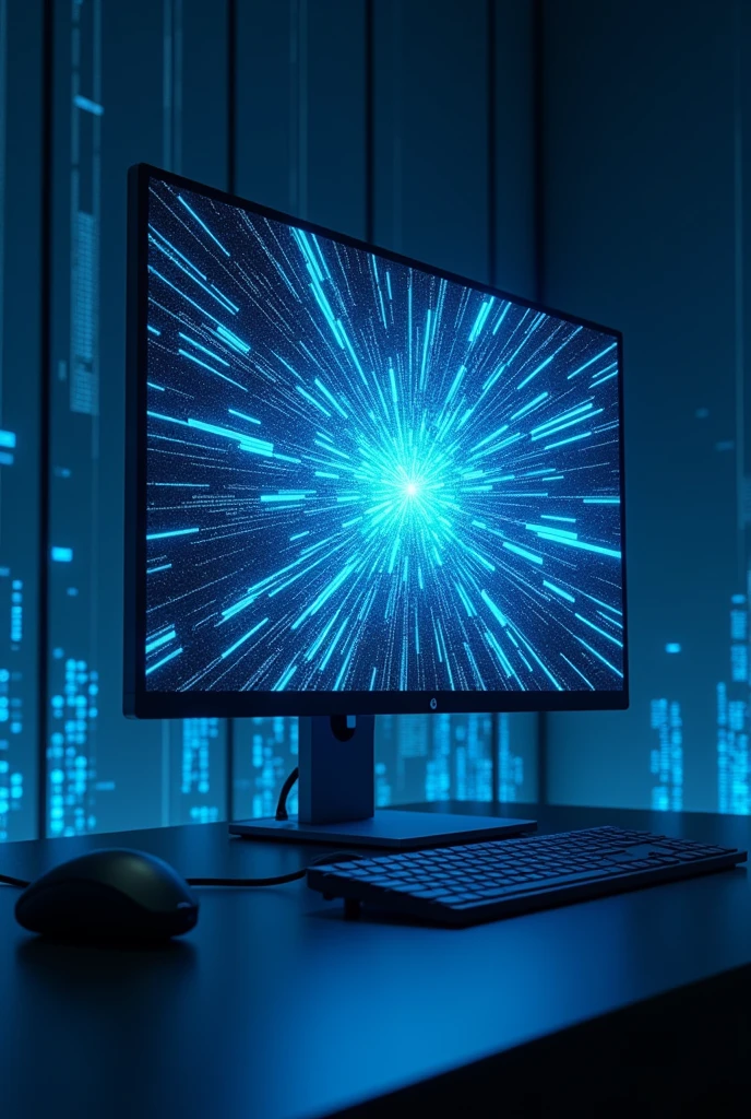 a computer monitor emitting digital information, blue and black background, blue energy beams, digital art, cinematic lighting, futuristic, 8k, ultra-detailed, photorealistic