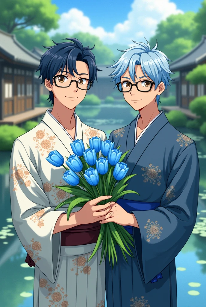 Create a gibli studio image of two men in yukata, One with navy blue hair and the other with light blue hair and holding a bouquet of blue tulips in his hand, that both have glasses and brown eyes, the background that is an environment in Japan