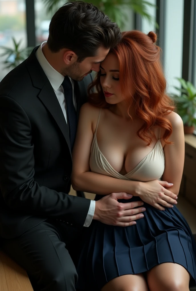 NSFW, pat on the head ,1 woman, 1 man, Hand on another's head, to throw, high angle view, (masterpiece, Best Quality, realistic photo:1.4), (shiny skin), (HD, 8K Wallpaper, High resolution), perfect anatomy, cinematic lighting, physically based rendering, awarded, extremely detailed skin, Extra detailed face, Eyes with beautiful details., Carl Zeiss 85 mm F/1.4, (((1 woman and 1 man, unfaithful))), (a man standing in front of a kneeling woman, grabbing his head)(girl kneeling in front of a man:1.3), (Woman tilting her head up), (1 woman: 30 year old married woman, secretary, (semi-long wavy ginger hair, tied hair, Bun), big breasts, thick thigh, curvy hips, , (Navy blue pleated skirt lifted by herself:1.3), (1 girl: blushing and mischievous, showing off the eyes, in the office, (1 man: A handsome man dressed in a recruit's suit, holding his head), Shot from diagonal forward, Shot from above, head grip