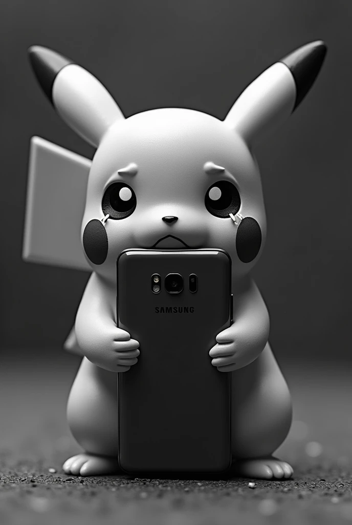 Sad Pikachu crying tears while holding a Samsung j1 mine in black and white