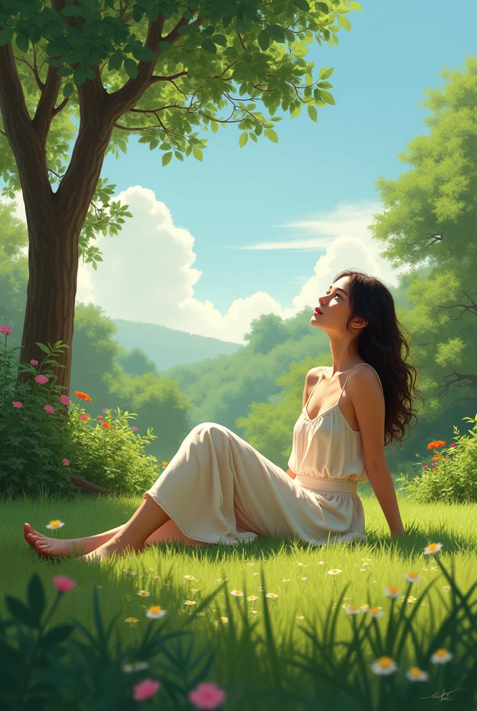 I want a beautiful woman sitting on the grass in her backyard looking up