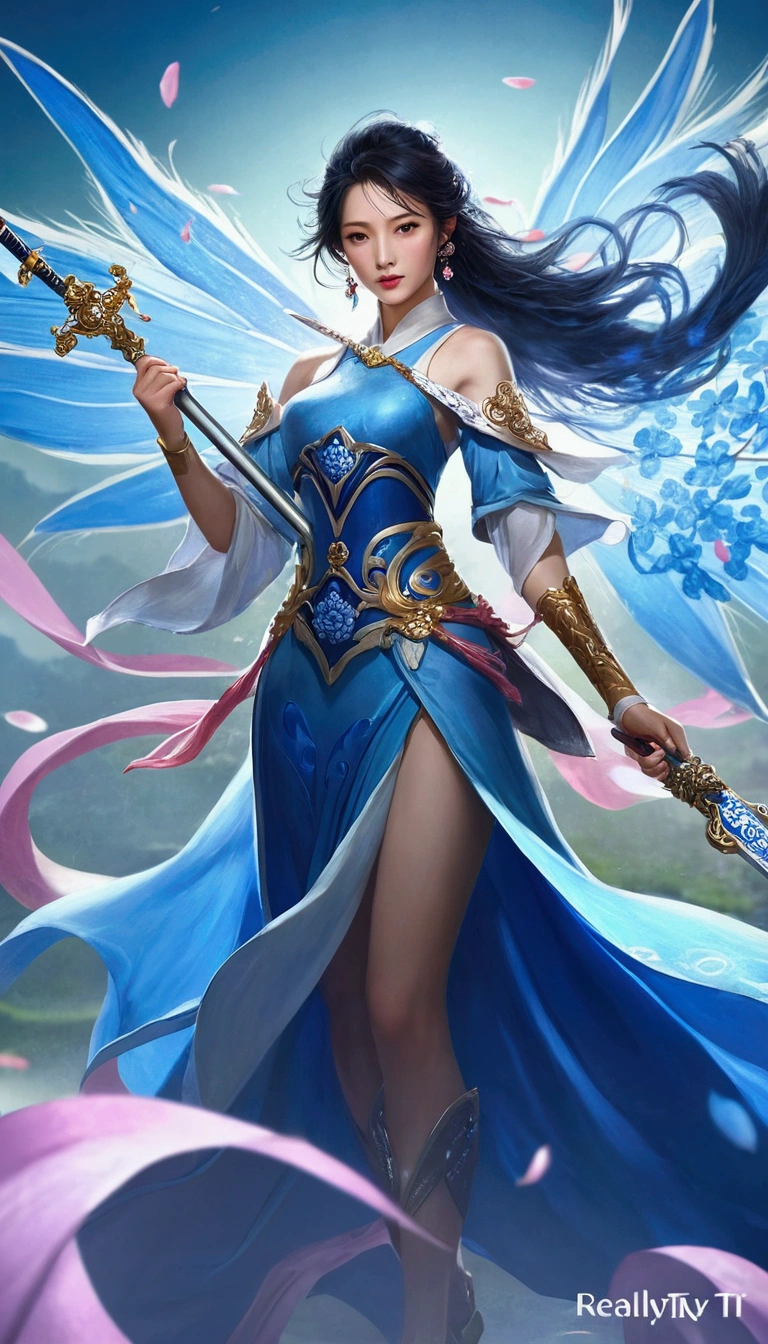beautiful woman in blue dress holding sword and blue umbrella, inspired by Lan Ying, full body xianxia, yun ling, inspired by Li Mei-shu, cinematic, realyti
