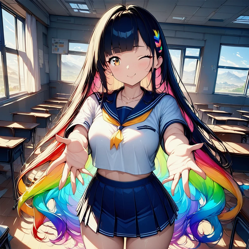 (((anime))) A woman winking,Cutesy,student,Short,Long Hair,Fluffy long hair,(Rainbow Hair),Oblique bangs,necklace,Yellow Eyes,Big eyes Sailor suit,mini skirt,classroom,Light pours in through the window,sunlight,masterpiece,Highest quality,Exquisite,8k,Absurd,Ultra-fine illustrations,(View your audience)