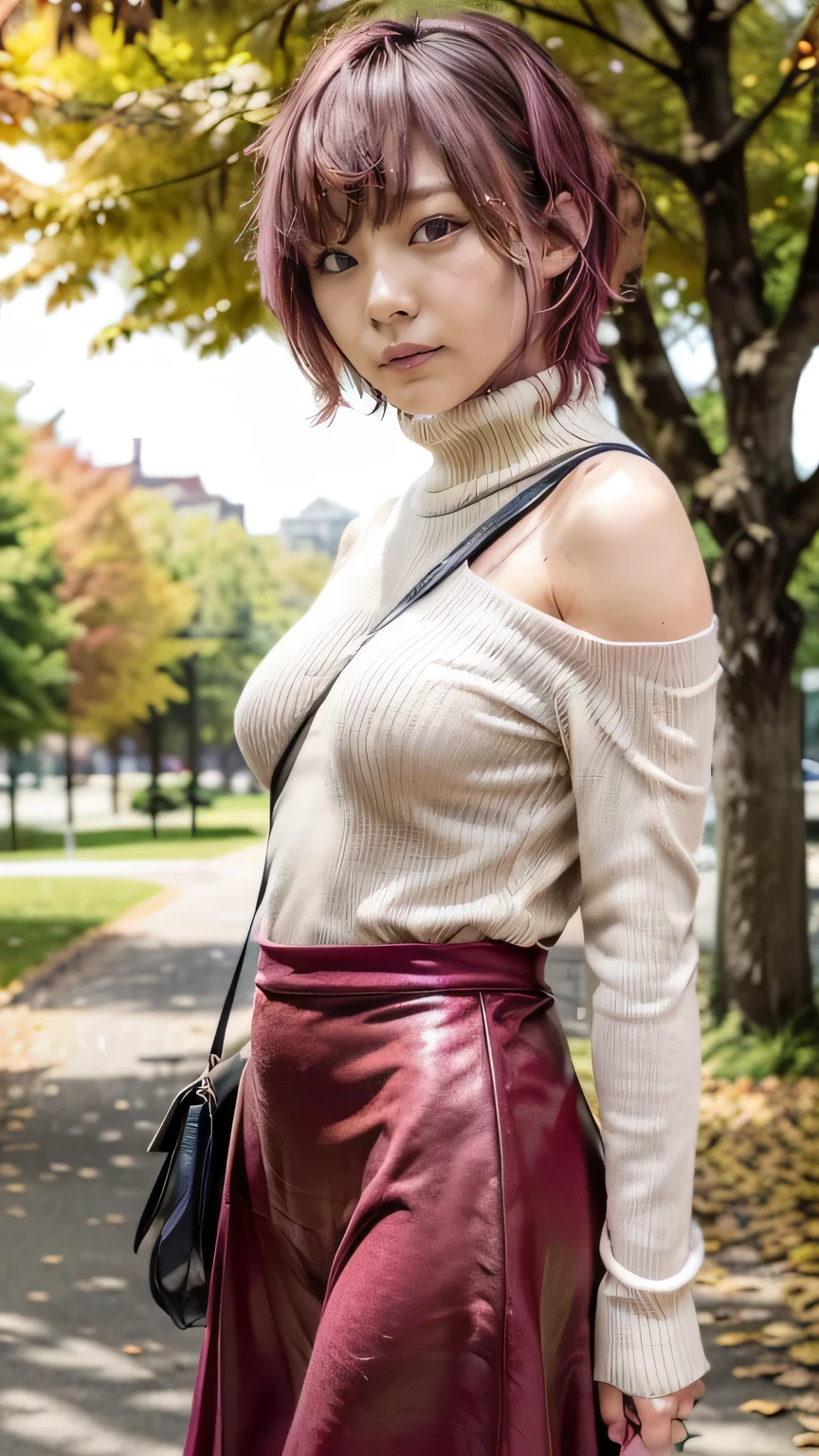 (A woman standing leaning forward and peering into the park in autumn:1.3、Autumn foliage season、Red autumn leaves、Trees stained with autumn leaves々)、(Realistic、Like a photograph、Live Action、8k, Realistic, RAW Photos, Best image quality: 1.4), Single-lens reflex camera、RAW Photos, Highest quality, Realistic, Very detailed CG Unity 8k wallpaper, Written boundary depth, Cinematic Light, Lens flare, Ray Tracing, Realistic background、(Turtleneck long sleeve knit:1.2、(Tight long skirt:1.5、Small breasts、The strap of the shoulder bag passes between the chest:1.5、paisla:1.3))、((ultra high density skin))、((whole body:1.5))，(目を細めてLolう、大きなLol顔、Lol)、(Pink inner color hair、short hair、Shortcuts:1.3)、I like that style、stylish、Very detailed、Pay attention to the details、Perfect outfit、(Sunburned skin)、Beautiful feet:1.1，Anatomically correct body、Accurate Fingers、(View from the front)