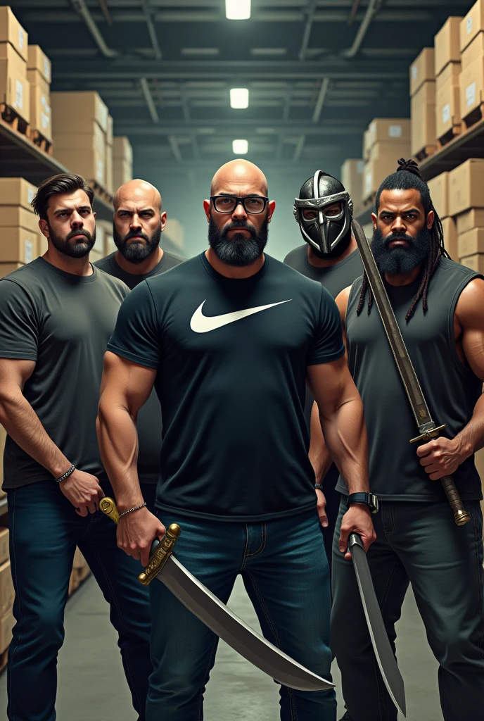 Four white men and one mulatto looking at the camera holding bladed weapons described below for each one ,being 1 bald bearded man with a pocket knife, second one with glasses beard and nike shirt with samurai mask and katana this, third a tall bald white man without a beard with a viking body with a guts sword ,the fourth a chubby guy with hair and beard with a fishbone, fifth with strong nudreds hair and with sword, in the background of the image shelves and stock boxes