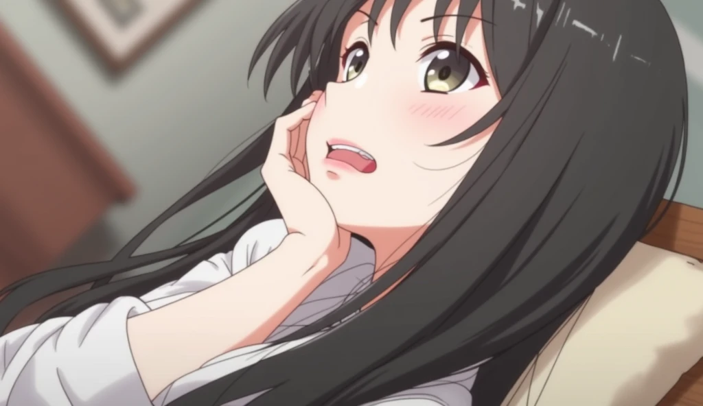 An anime-style portrait of a girl with long, flowing dark hair, resting her face on her hand, soft red lips, large expressive eyes, indoors with a blurred background, gentle warm lighting, pastel color palette, soft focus, dreamy atmosphere, hd quality, anime art