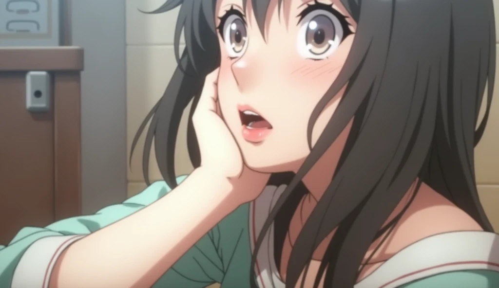 An anime-style portrait of a girl with long, flowing dark hair, resting her face on her hand, soft red lips, large expressive eyes, indoors with a blurred background, gentle warm lighting, pastel color palette, soft focus, dreamy atmosphere, hd quality, anime art