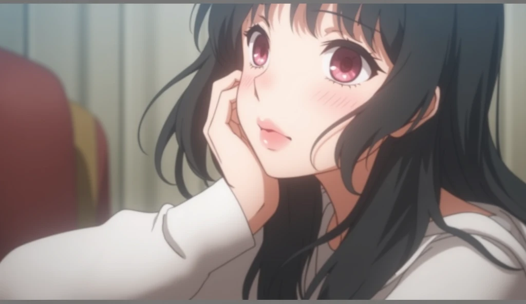 An anime-style portrait of a girl with long, flowing dark hair, resting her face on her hand, soft red lips, large expressive eyes, indoors with a blurred background, gentle warm lighting, pastel color palette, soft focus, dreamy atmosphere, hd quality, anime art