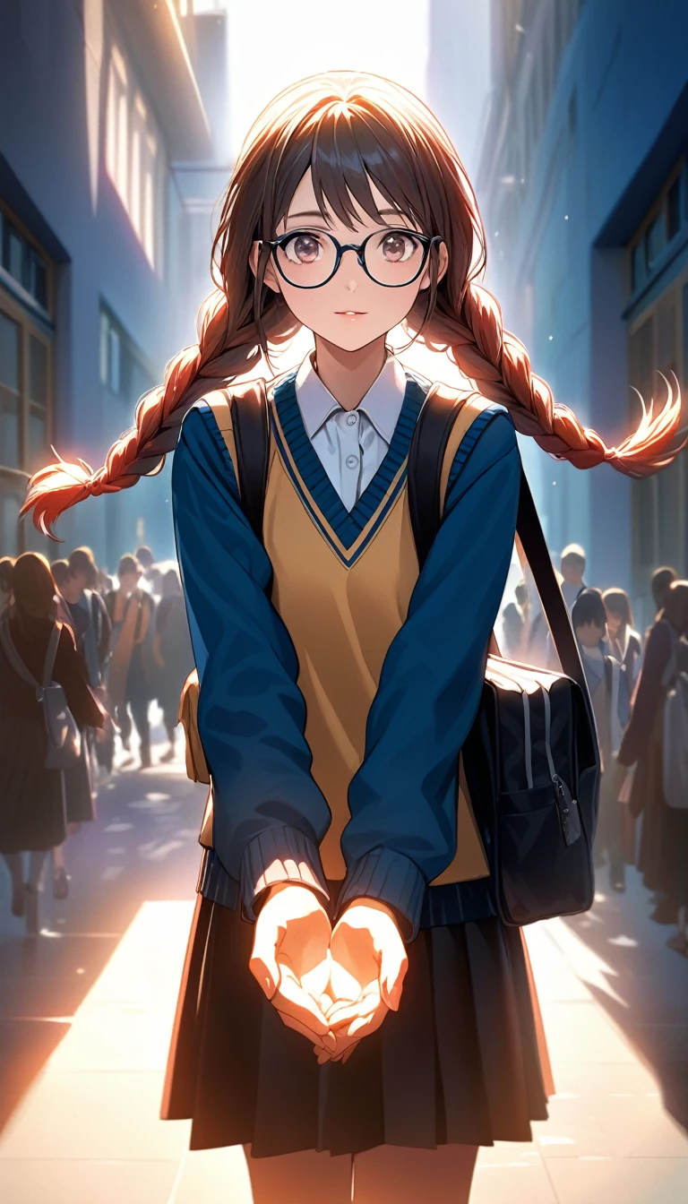high resolution.Super detailed.Sharp focus.Crisp quality.Bright colors.Rich contrast.Realistic.Cinematic lighting.HDR.Detailed Texture.Realistic.High resolution.Enhanced Details.A female student leaving school is reaching toward us as she turns to hold our hands. Glasses. Long braids.