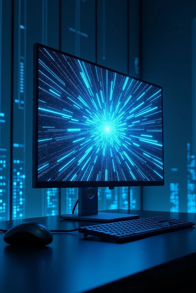 a computer monitor emitting digital information, blue and black background, blue energy beams, digital art, cinematic lighting, futuristic, 8k, ultra-detailed, photorealistic
