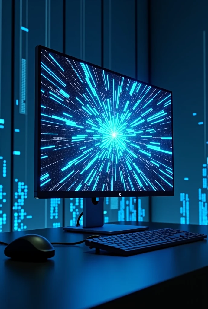 a computer monitor emitting digital information, blue and black background, blue energy beams, digital art, cinematic lighting, futuristic, 8k, ultra-detailed, photorealistic