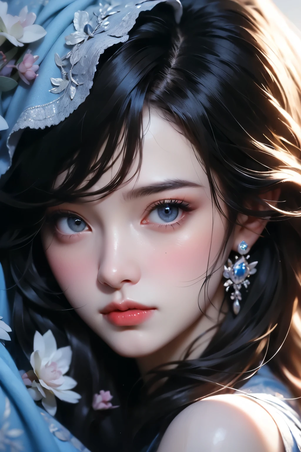 Ladies and bouquets,Portrait close-up,She looked at me with very beautiful and kind eyes.Detailed Schneider pastel ink, soft and fantastic, Fluffy, (Extremely fine and beautiful), (perfect detail)、(pastel color),Soft texture:1.2.(masutepiece, Best quality), (finely detailed beautiful eye),(Dark bright eyes),(finely detailed eyes and detailed face),(Jet-black silky hair), (Black hair like a spring),The hue is also noticeably brighter,Pale blurred silhouette,((Beautiful nipples)),(A piercing gaze that kills),