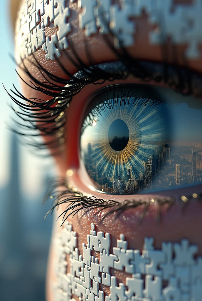 Create an image of a human eye and it reflects a large city with skyscrapers, Finish drawing the iris and the little animal, the image of the city is slightly blurred as if in a haze, as a reflection, make this picture look like it's made from puzzles I don't want to see puzzles glued to my face, make it look like the whole picture is made up of puzzles