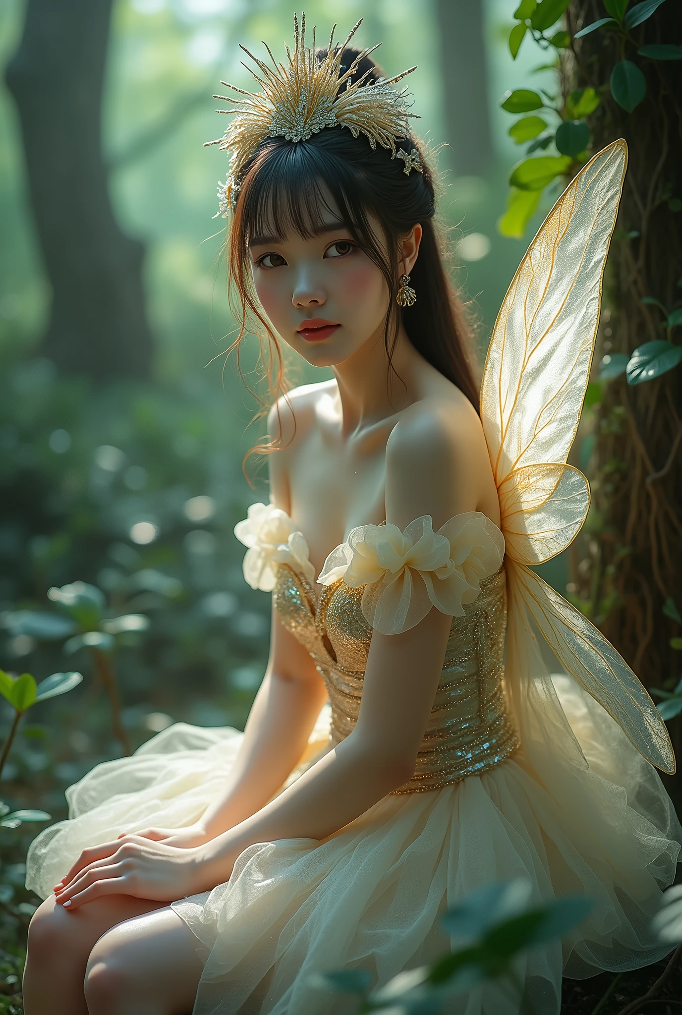 (masterpiece,best quality:1.4),(8k,raw photo,photo realistic:1.2),shiny skin,detailed skin,detailed face,detailed eyes,Detailed hands,Detailed Background、1girl,Japanese idol,(beautiful face),(Shining Eyes:1.1),、Ultimate Idol、Symmetrical eyes、、Great background、Great location、((Japanese,Tinker Bell costumes))、(Detailed and very cute,),Full body portrait,Shining,Mysterious Forest,Fairy,Sitting Woman,nswf,sexy Instagram style