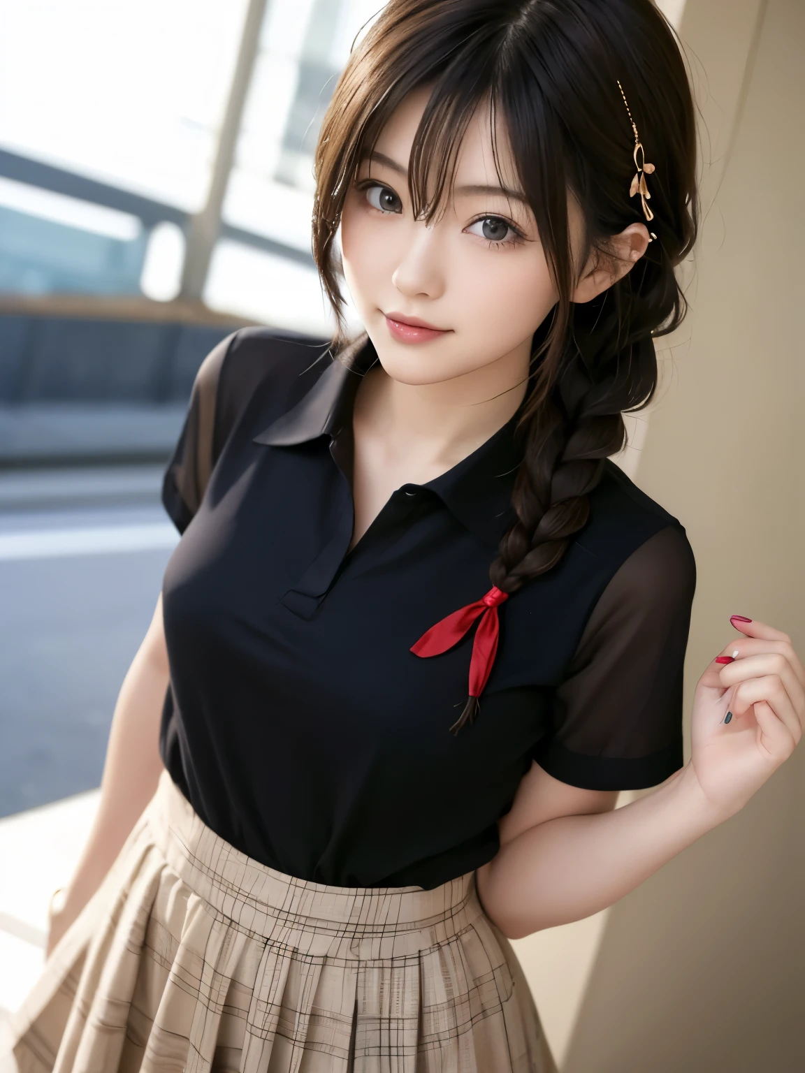 (8k, RAW Photos, Highest quality, High resolution:1.1), (Best image quality:1.35), High resolution, Realistic photos, (One Woman:1.33), Beautiful expression, (Detailed eyes:1.4), (Iris:1.4), (Detailed face:1.35), (Shiny Hair:1.4),
BREAK the Beauty of Japan, cute girl, Pretty girl, Japanese girl,
BREAK (see-through silhouette:1.3),
BREAK white collared shirt, short sleeve, tiered skirt, Transparent nipples,
BREAK (Swayback stance:1.3), Petite, Lean Body, full Breasts, smile,
BREAK 1girl, solold, shigure, (hairs between eyes:1.5), ahoge, single braid, hair ornament, hair flaps, hand ribbon,
BREAK in the street,